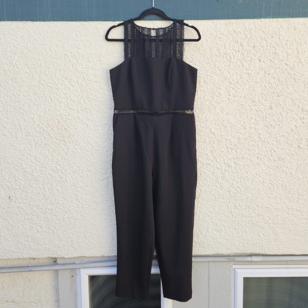 Bardot black cropped jumpsuit with lace waist panel and shoulders US 10